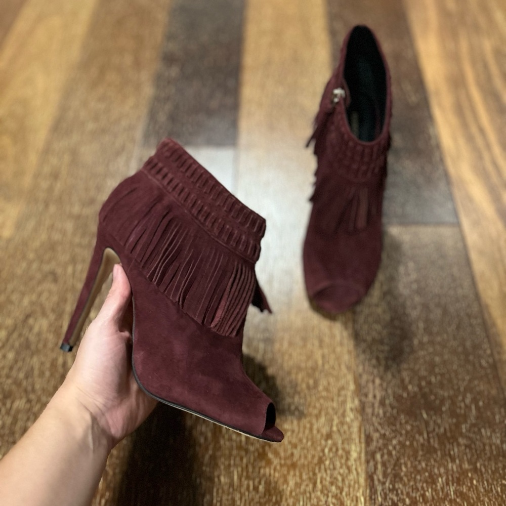 Rebecca Minkoff Suede Fringe Open Toe Booties - Picture 2 of 8